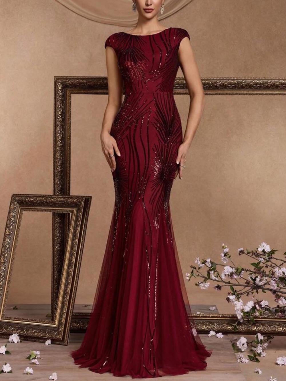 Burgundy Evening Gown Dress - Elegant Fit & Flare